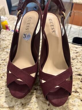 Guess Women's Maroon suede sling back platform heels size 8.5
